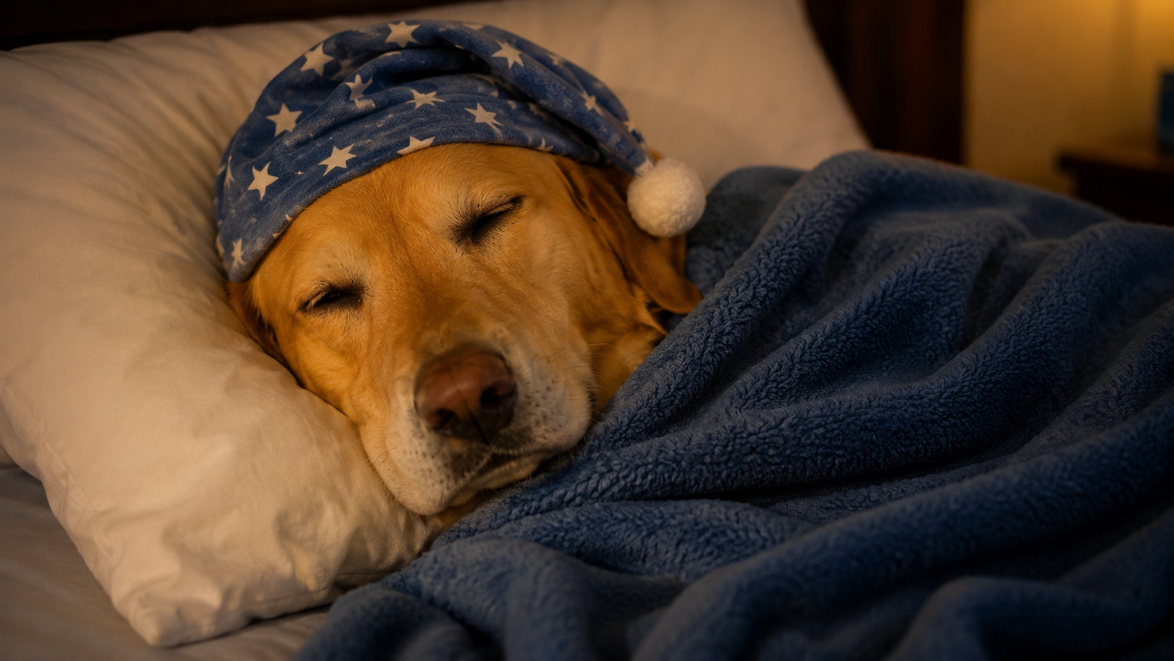 SleepyDog asleep in bed wearing a starry nightcap
