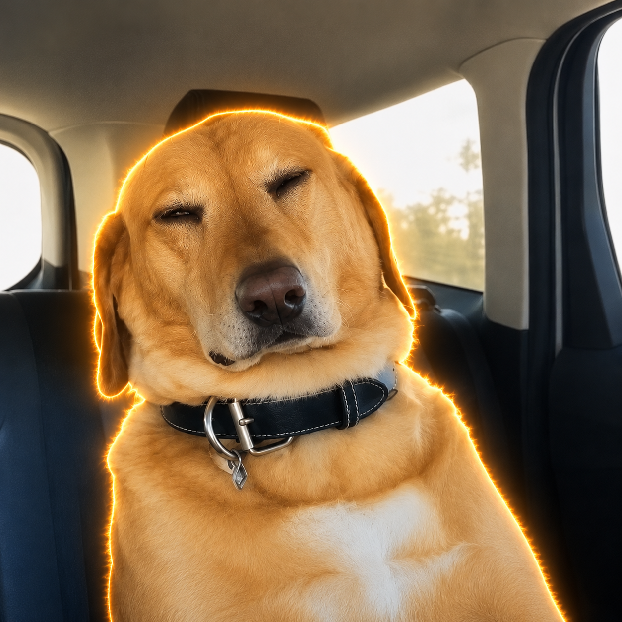 SleepyDog resting in a car at golden hour, wrapped in a warm glow